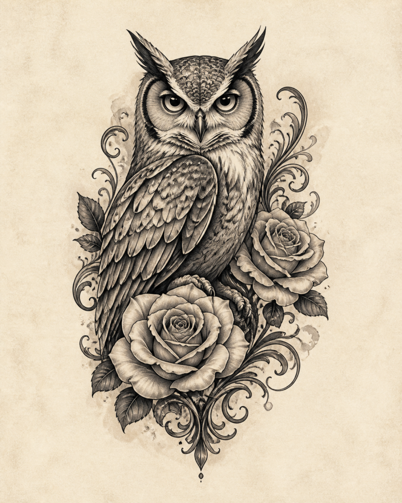 Original Tattoo Owl demo placeholder: black and grey owl and roses flash.